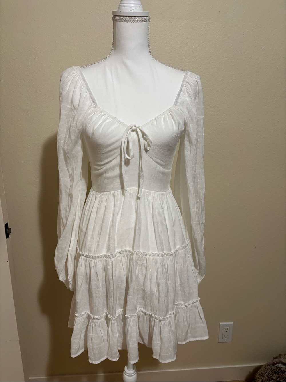 Lulu's Ivory Long-Sleeve Tie-Front Tiered Mini Dress
